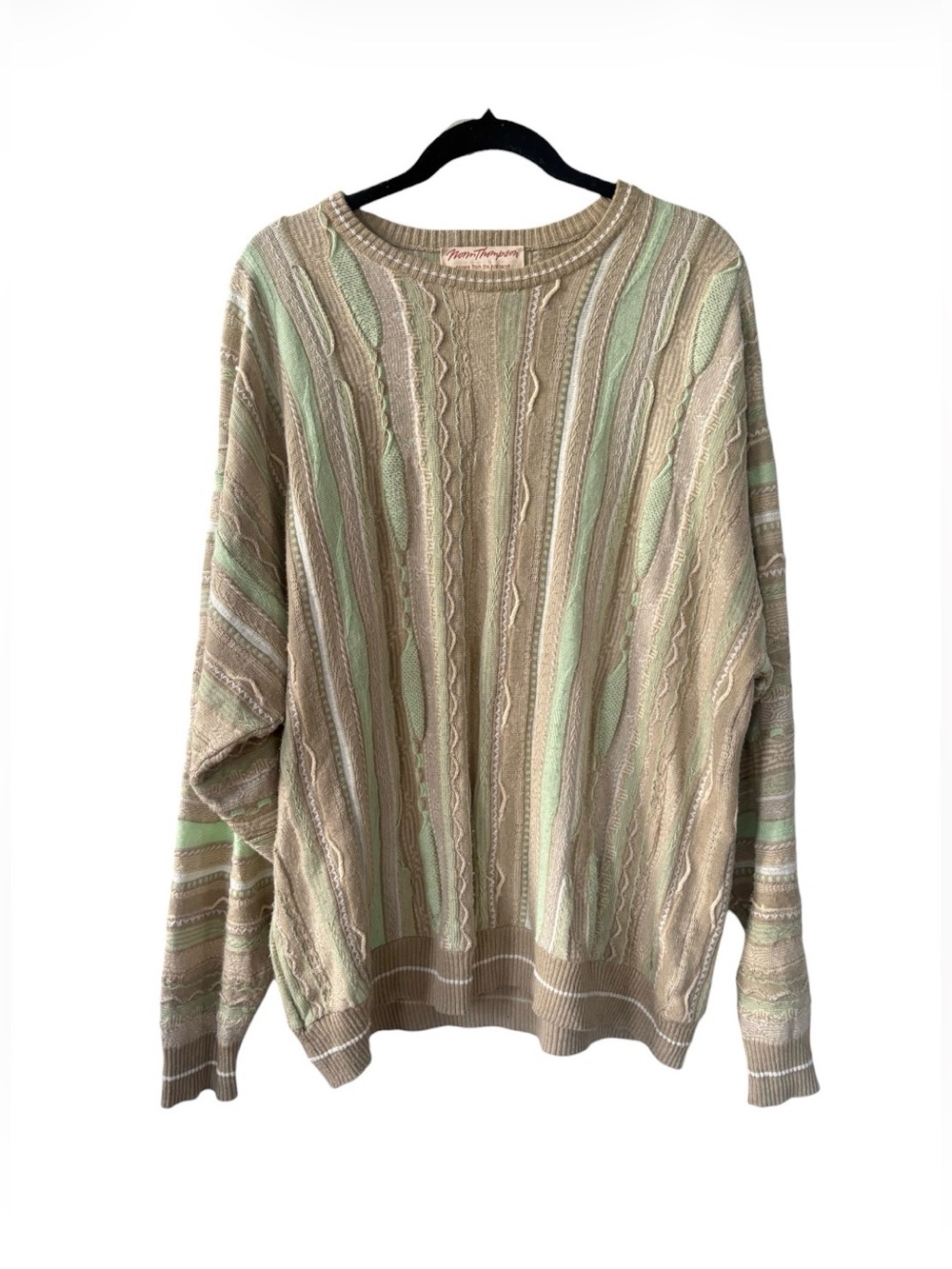 Norm Thompson Beige and Mint Cable Crewneck Sweater